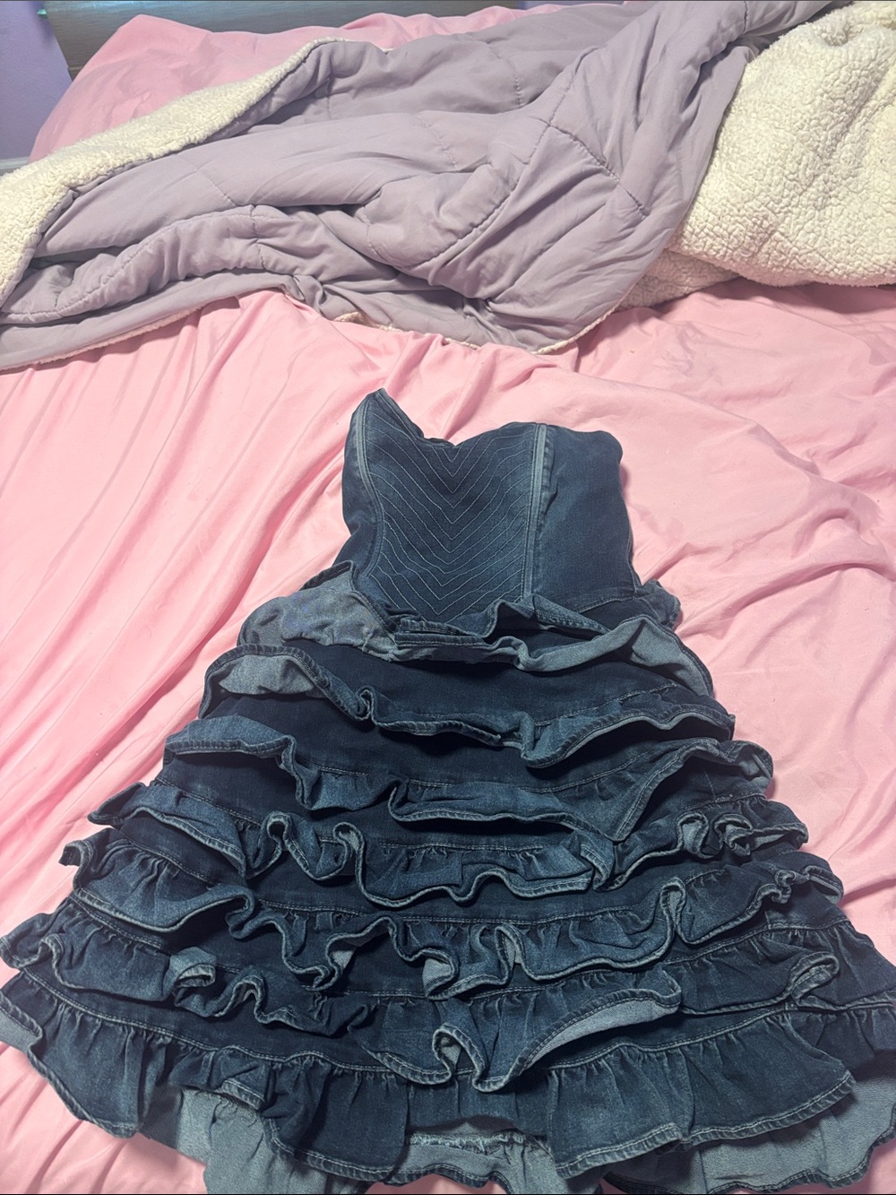 Guess Dark Blue Strapless Ruffle Denim Mini Dress
